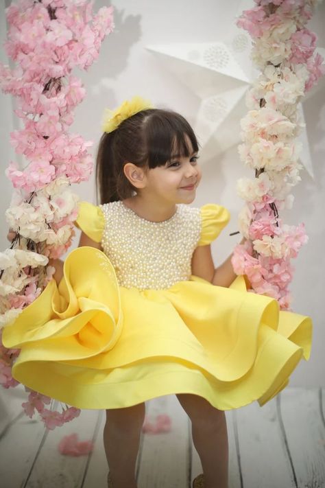 Satin And Pearls, A Field Of Sunflowers, Girls Yellow Dress, Baby Lace Dress, Yellow Tutu, Dress With Pearls, Cradle Ceremony, Designs Dress