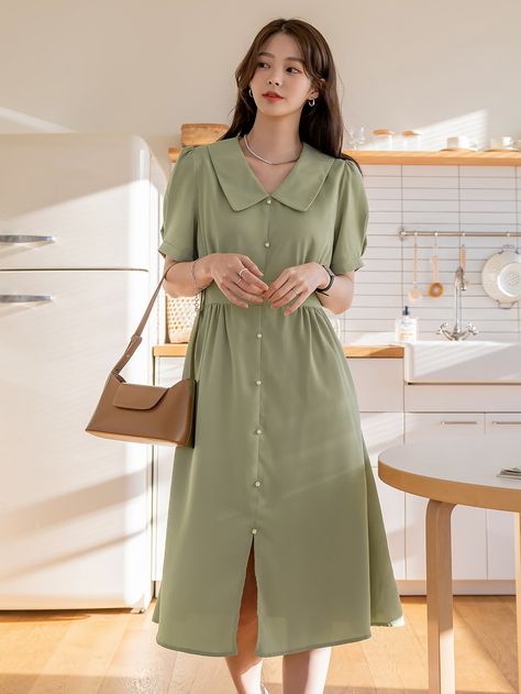 Olive Green Cute  Short Sleeve Polyester Plain A Line Embellished Non-Stretch Spring/Summer Women Dresses Sage Green Casual Dress, Beige And Green Outfits For Women, Green Dress Aesthetic Casual, Casual Dresses For Women Classy, Plain Frocks For Women, Shein Dazy Outfits, Sage Green Dress Casual, Korean Green Outfit, A Line Dress Casual Classy