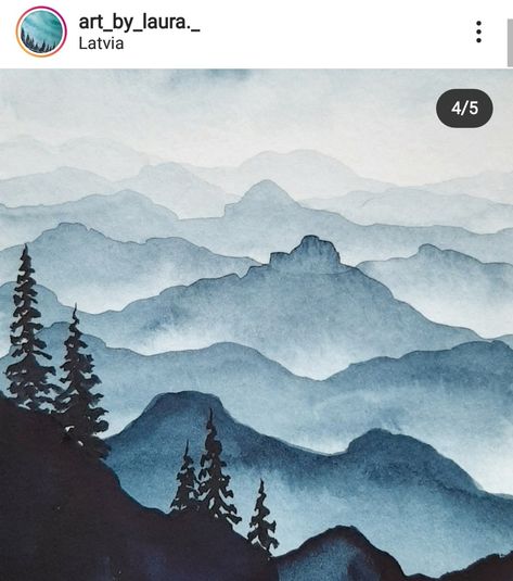 Monochromatic Mountain Painting, Watercolor Mountains And Trees, Mountain Watercolour Painting, Monochromatic Painting Watercolors, Simple Mountain Watercolor, Easy Watercolor Mountains, Tempera Painting Ideas, Watercolor Art Landscape Simple, Monochromatic Landscape Painting