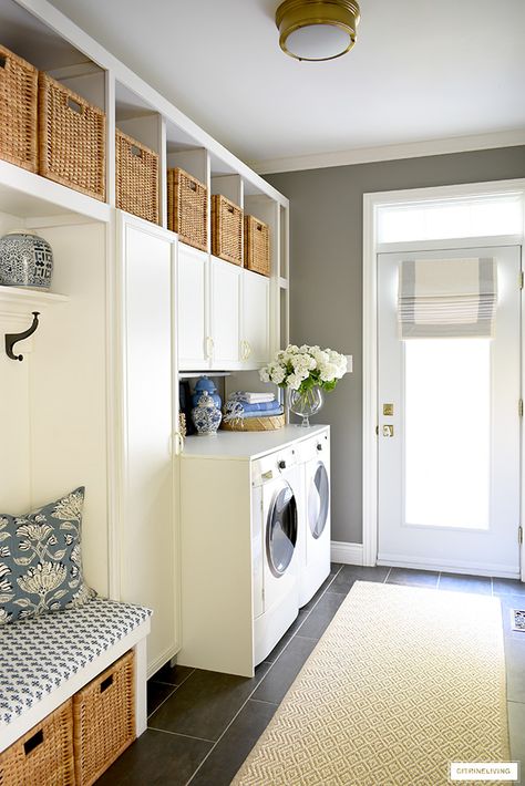 Simple Mud Room Ideas Entryway, Coastal Mudroom, Ikea Baskets, Mud Room Baskets, Mud Room Laundry Room Combo, Mudroom Inspiration, Laundry Remodel, Laundry Room/mudroom, Laundy Room