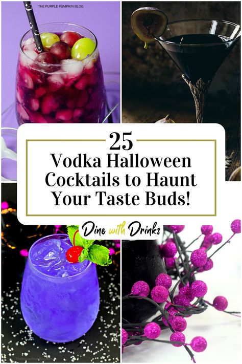 Collage of 4 vodka halloween cocktails. Titos Vodka Halloween Drinks, Signature Halloween Cocktails, Halloween Easy Cocktails, Halloween Drinks Alcohol Vodka, Vodka Cocktails Halloween, Spooky Vodka Drinks, Spooky Drinks Alcohol Vodka, Simple Halloween Cocktails Recipes, Frozen Halloween Drinks