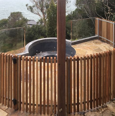 Timber Fencing Melbourne, Timber Fence Panels - Dolphin Fencing Timber Fencing Vertical, Curved Fencing Ideas, Curved Timber Fence, Curved Pool Fence, Timber Fence Ideas, Batten Fencing, Curved Fence, Timber Fence, Deck Railing Ideas