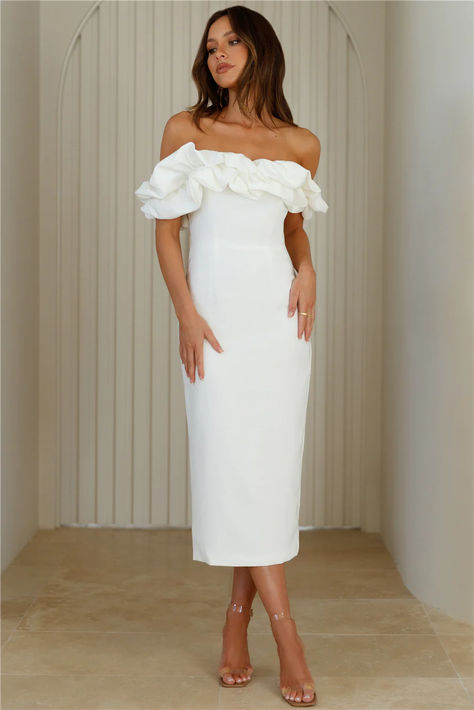 Be seen and admired, girl. The Idolise Off Shoulder Frill Midi Dress features a statement frill design on the neckline, perfect for a fancy event. Style with heels to get the attention started. #hellomolly Winter Rehearsal Dinner Dress For Bride, Rehearsal Dinner Bridal Outfit, Off Shoulder Midi Wedding Dress, Rehearsal Dinner Looks Brides, Classy Short Wedding Dress, Classy Wedding Reception Dress, White Midi Dress Graduation, Bridal Shower Dresses For The Bride, Bride Rehearsal Dinner Outfit