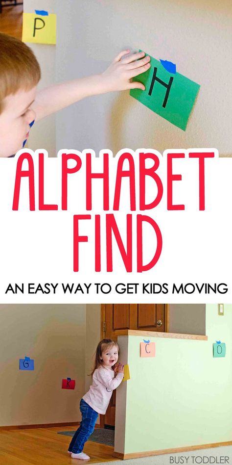 Alphabet Find Learning Activity: What a fun and easy way to get kids active and moving! A perfect learning activity for toddlers and preschoolers working on their alphabet. Toddler Alphabet, Activity For Toddlers, Alphabet Learning, Fun Indoor Activities, Alphabet Activities Preschool, Educational Activities For Kids, Toddler Snacks, Indoor Activities For Kids, Play Based