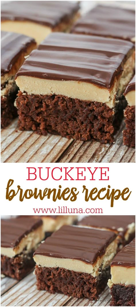 Buckeye Brownies Recipe, Buckeye Brownies, Peanut Butter Buckeyes, Cookie Dough Cake, Peanut Butter Truffles, Dessert Parfait, Truffle Butter, Butter Fudge, Chocolate And Peanut Butter