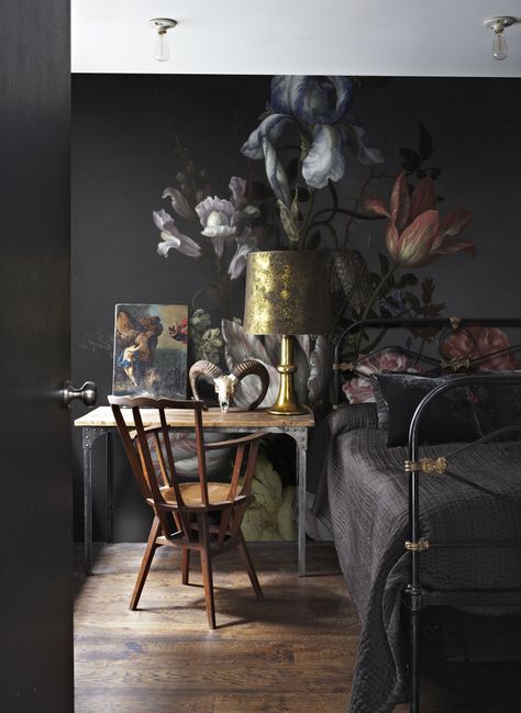 Dark floral print, beautiful mural decoration. Stylish fall home decor #walldecor #peelandstick #removable #wallpaper #decorating #diydecor #vintagedecor #vintagestyle #vintage #autumn #fall #fallcolor #falldecor #autumncolor #interiors #moderndecor #styling Dark Academia Room Ideas, Floral Removable Wallpaper, Dark Academia Room Decor, Dark Academia Room, Academia Room, Moody Interiors, Dark Bedroom, Dark Vintage, Dark Interiors