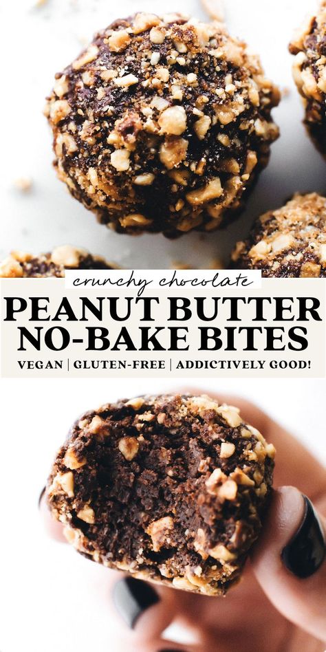 Decadent no-bake balls with a rich chocolate truffle center and crunchy peanut coating from Salty, sweet, and SIMPLE to make! Healthy Snacks Salty, Chocolate Peanut Butter Balls, Health Bars, Vegan Bars, Butter Candy, Raw Vegan Desserts, Peanut Butter No Bake, Plant Based Desserts, Peanut Butter Candy