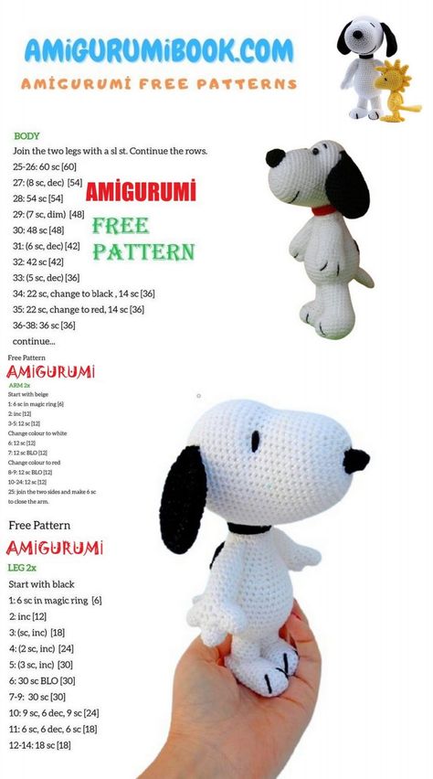 Dog Snoopy Amigurumi Free Pattern - Amigurumibook.com Dog Amigurumi Free Pattern Crochet, Amigurumi Snoopy Free Pattern, Crochet Music Teacher Gifts, Crochet Snoopy Free Pattern Amigurumi, Snoopy Amigurumi Free Pattern, Crochet Bluey Amigurumi Free Pattern, Snoopy Crochet Pattern Free, Snoopy Crochet Pattern, Dog Amigurumi Free Pattern