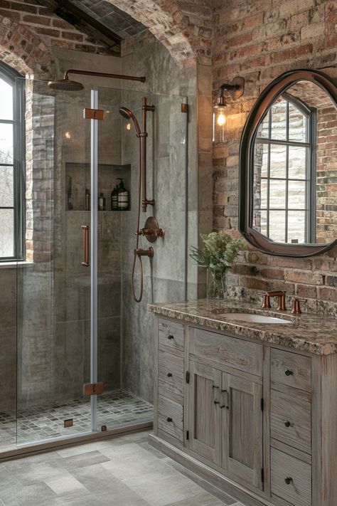 Discover modern bathroom ideas with a rustic twist. This bathroom features exposed brick, vintage fixtures, and a spacious shower area. Perfect for those loving a blend of the old and new. #BathroomDesign #RusticCharm #HomeDecor Exposed Brick Bathroom Ideas, Rustic Shower Ideas Bathroom Farmhouse, Rustic House Bathroom, Brick Shower Tile, Brick In Bathroom, Bathroom Brick Wall, Brick Shower Wall, Rustic Shower Ideas Bathroom, Vintage Master Bath