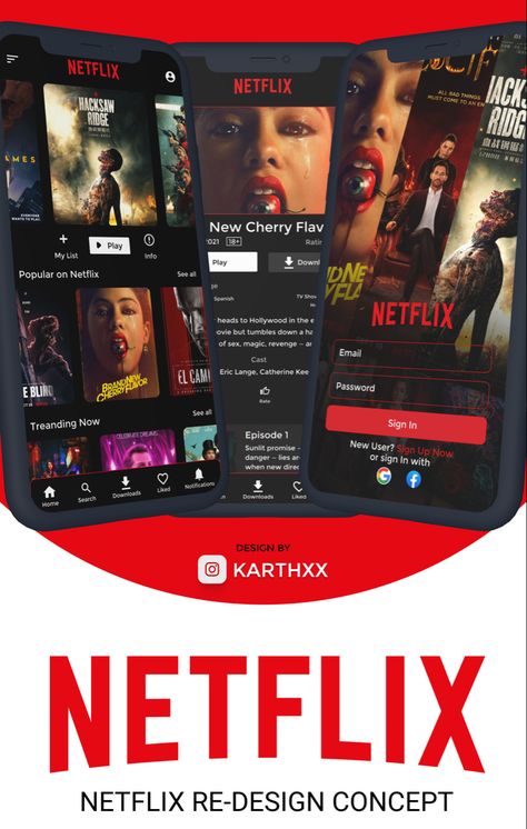 A concept of Netflix mobile app Re-Design #uidesign #userinterface #figma #netflix #uiuxdesign Netflix Ads, Netflix Design, Netflix Tumblr, App Advertising, Snap App, Netflix Poster, Apk Premium, Netflix App, Netflix Premium