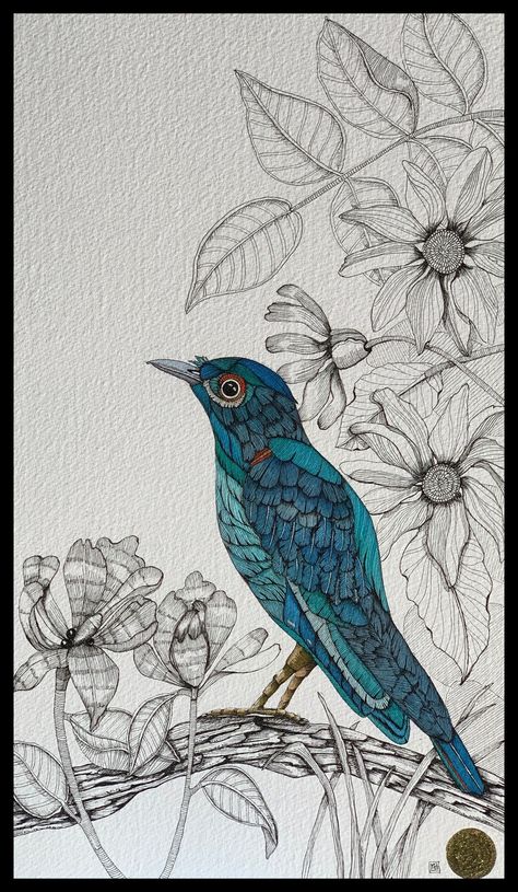 The Blue Bird by Ali Brown Watercolor And Ink Birds, Abstract Bird Art, Bird Sketches, Nokshi Katha, Watercolour Birds, Watercolour Bird, Gond Painting, Doodle Art Flowers, Birds Art