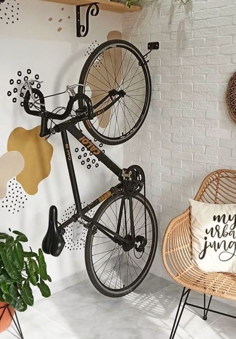 Vertical Bike Storage Small Space, Small Apartment Bike Storage, Electric Bike Storage, Bike Storage Small Space, Bedroom Aesthetic Boho, Aesthetic Boho Bedroom, Bike Storage Apartment, Vertical Bike Storage, Boho Bedroom Aesthetic