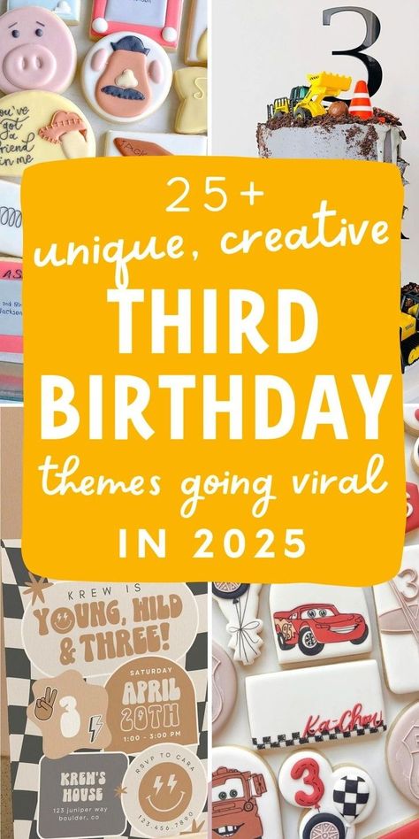 On the hunt for cute toddler party ideas and planning a 3rd birthday party for boy? 🚧 I've hand-picked these cute, modern & unique birthday themes for boys - such cool ideas for little boy birthday parties that I'm totally considering using for my own 3 year old boy! 🦖 (aka list of my fav 3 year birthday theme boy edition ideas) Turning 3 Birthday Themes, 1 And 3 Birthday Party, Threenager Birthday Party Boy, 3 Yr Birthday Party Ideas Boy, 3 Yr Birthday Party Ideas, 3 Year Birthday Photoshoot, Unique Birthday Themes For Boys, Three Year Old Birthday Party Girl, Three Birthday Theme