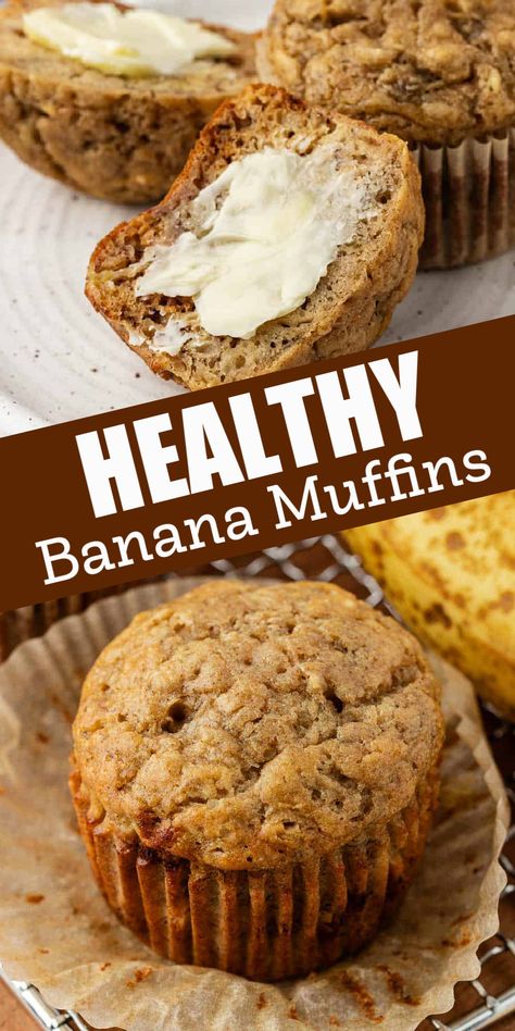 These Healthy Banana Muffins are made with half the butter and naturally sweetened with pure maple syrup! Banana Muffins With Maple Syrup, Banana Muffins Maple Syrup, Banana Spice Muffins, Healthy Banana Nut Muffins, Banana Walnut Muffins Healthy, Banana Nut Muffins Healthy, Greek Yogurt Blueberry Muffins, Banana Muffin Recipe Healthy, Healthy Chocolate Muffins