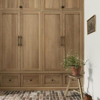 Brown Wooden Mudroom Lockers with Shoe Drawers - Transitional - Laundry Room White Oak Mudroom Cabinets, Walnut Mudroom, Mudroom Lockers With Doors, Lockers Design, Shoe Drawers, Transitional Laundry Room, Mudroom Cubbies, Wood Lockers, Mudroom Remodel