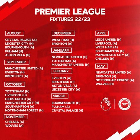 Premier league Fixtures 🔴⚪️ Arsenal Premier League, Premier League Fixtures, Nottingham Forest, Leeds United, Newcastle United, Leicester City, Aston Villa, Crystal Palace, Nottingham