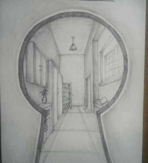 NATA Key hole view Through A Keyhole Drawing, Keyhole Drawing Ideas, Looking Through A Keyhole Drawing, Keyhole Drawing, Hole Drawing, Geometric Shapes Drawing, Animal Anime, Perspective Sketch, Architecture Drawing Sketchbooks