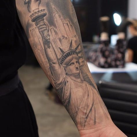 Tattoo uploaded by Xavier • New York tattoo by Bang Bang. #BangBang #NYC #NewYork #BangBangNYC #statueofliberty • 124637 • Tattoodo Inner Forearm Tattoos For Men, Statue Of Liberty Tattoo, Forearm Tattoos For Men, Dallas Tattoo, Liberty Tattoo, Inner Bicep Tattoo, Names Tattoos For Men, Patriotic Tattoos, Inner Forearm Tattoo