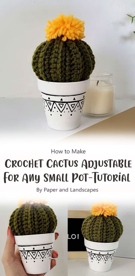 Crochet cactus adjustable for any small pot by Paper and Landscapes. This cactus is so cute and easy to make. The yarn color is pretty which will go with any decor. You can make this cactus as a decorative piece or add it to your collection of crochet plants, and more. Barrel Cactus Crochet Pattern Free, Crochet Barrel Cactus, Cactus Amigurumi Free Pattern, Crocheted Plants, Crochet Cactus Free Pattern, Round Cactus, Crochet Plants, Crochet Succulent, Cactus Craft