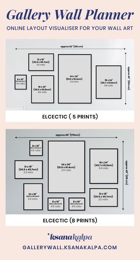 How To Style Picture Frames On Wall, Large And Small Pictures On Wall, Photo Wall Collage Frame Sizes, Photo Wall Organization, Cluster Frames On Wall, Frame Sizes For Gallery Wall, Wall Gallery Size Guide, Gallery Wall Around One Large Picture, Poster Gallery Wall Layout