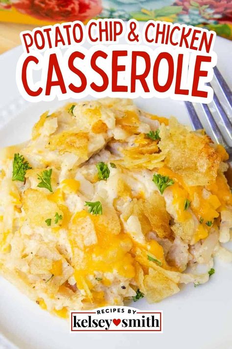 This easy potato chip chicken casserole with hash browns and cheddar cheese is an easy recipe and a family favorite. This is the definition of comfort food, a hearty meal for the whole family that requires minimal prep. Simple ingredients like cream of chicken soup, sour cream, and cheddar cheese. It's a simple family meal that is made with pre-cooked chicken, perfect if you have leftover rotisserie chicken on hand. You'll love this dish for busy weeknights or your next potluck.rnrn Hashbrown Casserole With Cream Of Chicken Soup, Potato Chip Chicken Casserole, Chicken Potato Chip Casserole, Chicken Casserole With Potato Chips, Hot Chicken Casserole With Potato Chips, Lazy Casserole, Chicken And Hash Brown Casserole, Leftover Rotisserie Chicken Recipes, Dinner Ides