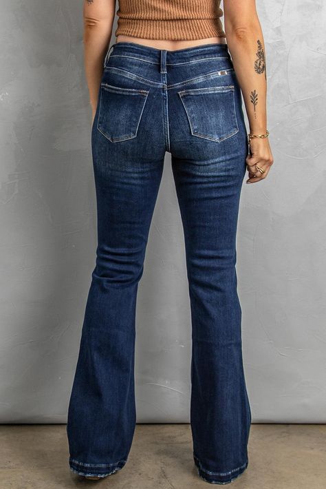 Pattern: Solid Features: Distressed, button fly Stretch: Slightly stretchy S: waist 27 in, hip 37 in, outseam 41 in, inseam 32 in M: waist 29 in, hip 38 in, outseam 42 in, inseam 32 in L: waist 31 in, hip 40 in, outseam 42 in, inseam 32 in XL: waist 34 in, hip 43 in, outseam 43 in, inseam 32 in Material composition: 68% cotton, 30% polyester, 2% spandex Care: Machine wash cold. Tumble dry low. Frayed Flare Jeans, Jean Pocket Designs, Sequin Jeans, Jeans Button, Jeans Bootcut, Jeans Size Chart, Basic Style, Distressed Jeans, Wide Leg Jeans