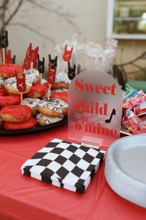 Rock Show Birthday Party, Rock N Roll Party Centerpieces, Two Year Old Rock Party, Rock Star 1st Birthday Party Ideas, Rocker First Birthday Party, One Rocks First Birthday Backdrop, Bon Jovi Themed Party, Born To Rock Centerpieces, Rock N Roll Theme Birthday Party