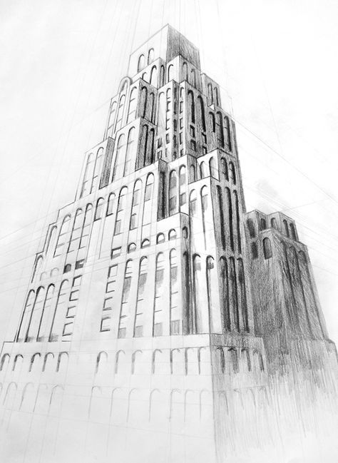 Three Point Perspective Building, Skyscraper Sketch, Perspective Building Drawing, Perspective Building, How To Draw Perspective, Draw Perspective, Three Point Perspective, 3 Point Perspective, Bridge Project