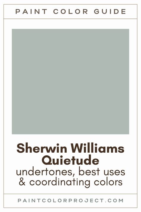 Looking for the perfect green paint color for your home? Let’s discuss Sherwin Williams Quietude and see if it might be just what your space needs. Quietitude Sherwin Williams, Sw Quietude Exterior, Colors That Go With Quietude, Sw Quietude Paint, Green Bathroom Paint Colors Sherwin Williams, Sherwin Williams Quietude Color Palette, Quietude Sherwin Williams Bedrooms, Dew Drop Sherwin Williams, Meadow Sage Sherwin Williams