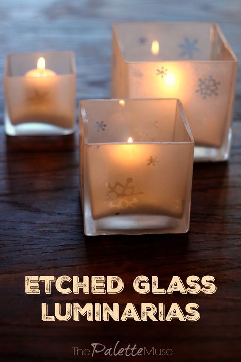 This easy do-it-yourself etched glass candleholder will have your home glowing with light. #decoartprojects #easyetch Glass Etching Diy, Etching Diy, Glass Etching Projects, Cricut Gifts, Pretty Candle, Candle Ideas, Fake Snow, Craft Techniques, Creative Things