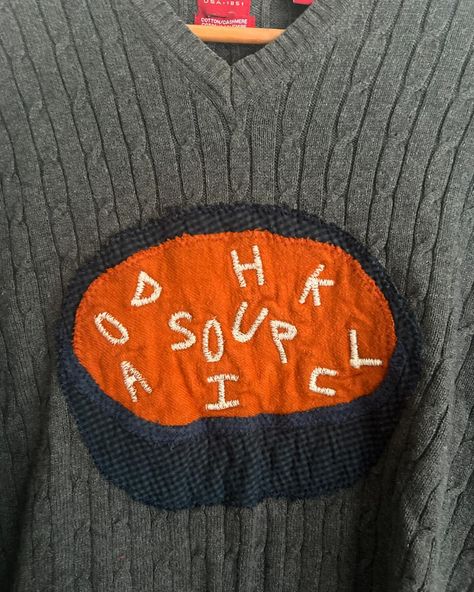 The weather this morning has me wanting to wear & eat this sweater 🥣 available now on my website! Sweater Patches Diy, Diy Patchwork Sweater, Patch Work Sweater, Patch Ideas, Mending Clothes, Work Sweaters, Patchwork Sweater, Diy Sweatshirt, Fabric Collage