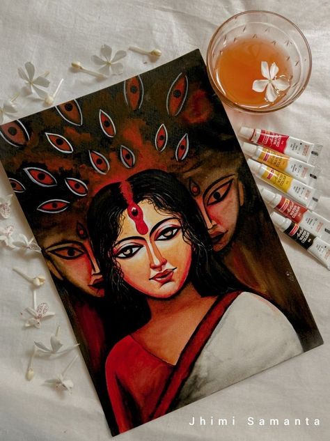 Creative Durga Painting, Durga Maa Aesthetic Drawing, Durga Painting Artworks Abstract, Abstract Durga Painting, Durga Painting Watercolor, Durga Maa Paintings Bengali, Durga Painting Canvases, Bengali Art Sketch, Painting Of Durga Maa