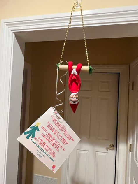 Elf On The Shelf Hanging From Ceiling, Mardi Gras Beads, Elf On The Shelf, Mardi Gras, Elf, Christmas Decorations, Shelves, Novelty Christmas, Christmas Ornaments