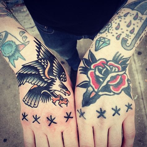 Our Endless Days American Traditional Knuckle Tattoos, Traditional Knuckle Tattoos, Unique American Traditional, Unique American Traditional Tattoo, Hand Tatts, Hand Tatto, Cuff Tattoo, Engraving Tattoo, Throat Tattoo