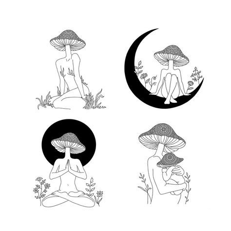 Small Bff Tattoos, Mandala Line Art, Simple Tats, Hand Drawn Mandala, Mushroom Girl, Drawn Mandala, Mushroom Tattoos, Abstract Face Art, Illustration Pen And Ink