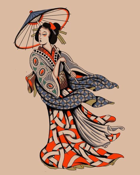 Japanese Patchwork Tattoo, Japanese Woman Tattoo, Japanese Geisha Drawing, Japanese Geisha Tattoo, Geisha Drawing, Traditional Japanese Tattoo Flash, Chest Tattoo Drawings, Geisha Tattoo Design, Inspo Tattoo