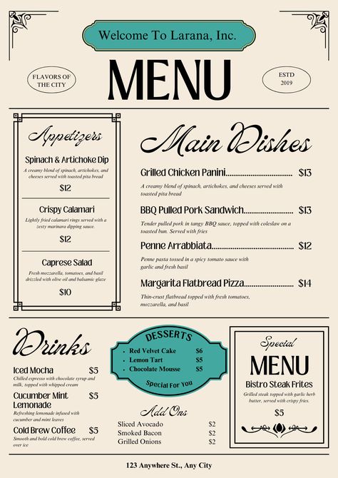 Vintage Restaurant Menu Design, Blank Street, Menu Design Layout, Bbq Pulled Pork Sandwiches, Bistro Menu, Chicken Panini, Menu Design Inspiration, Digital Typography, Tangy Bbq Sauce