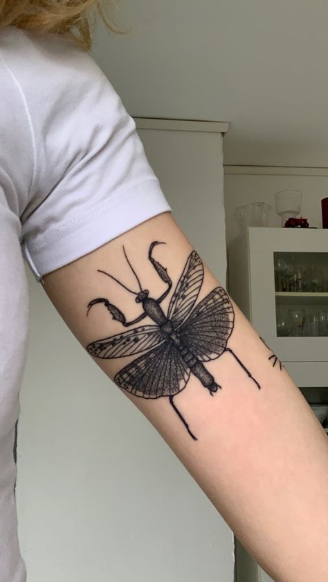 Mantis Tattoo, Tattoo On The Back, Animal Sleeve, Bug Tattoo, Insect Tattoo, Sick Tattoo, Elbow Tattoos, Add Me On Snapchat, A Bug