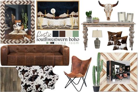 Aztec prints, cactus, cowhide and leather come together in this beautful set up Desert Homes Interior, Southwestern Interior, Mood Board Living Room, Aztec Prints, Ranch House Decor, Rustic Farmhouse Living Room, Desert Homes, Bohemian Living, Western Boho