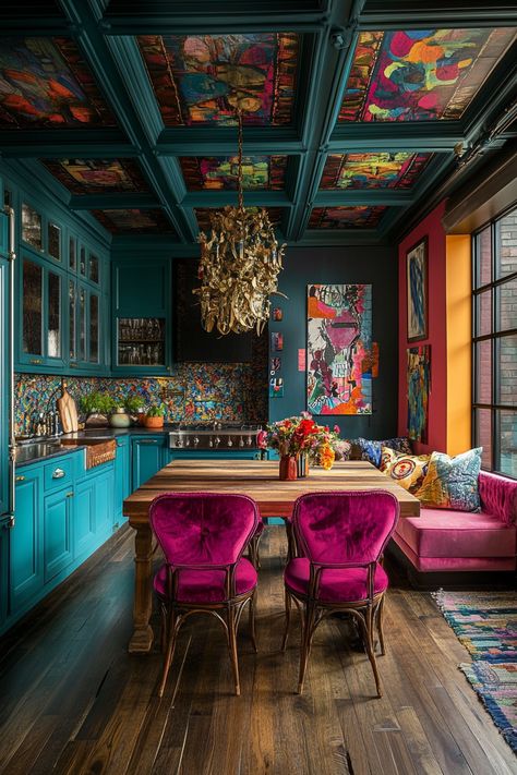 Eclectic Maximalism Office, Masculine Eclectic Decor, Artsy House Interior, Eclectic Maximalism Apartment, Eclectic Home Design, Bright Color Interior Design, Eclectic Glam Decor, Eclectic Modern Decor, Diy Eclectic Decor