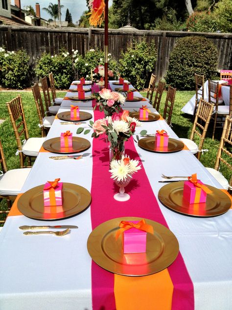 Pink And Orange Wedding, Orange Wedding Decorations, Wedding Table Pink, Orange And Pink Wedding, Outdoor Bridal Showers, Sunset Party, Orange Birthday, Orange Party, Grad Party Decorations