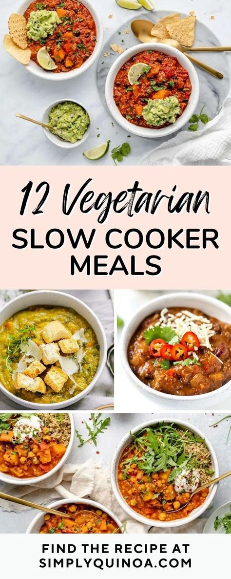 I've rounded up 12 of my absolute favorite Vegetarian Meals that can be made in the Slow Cooker for you! We've got lots of delicious recipes in here. Many of these recipes are my own, but I've also included recipes from some of my favorite bloggers. There's sure to be something for everyone on this list! Healthy Meatless Crockpot Recipes, Crockpot Meal Vegetarian, Veg Slow Cooker Recipes, Soup Recipes Slow Cooker Vegetarian, Slow Cooker Vegetarian Recipes Healthy, Veggie Slow Cooker Meals, Slow Cooker Recipes Vegetables, Slow Cook Vegan Recipes, Best Vegetarian Slow Cooker Recipes