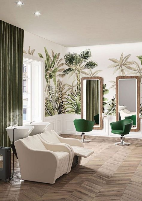 Beauty Salon Tropical look, easy breeze Salon Suite Decor, Beauty Room Salon, Spa Room Decor, Spa Interior Design, Beauty Salon Furniture, Hair Salon Interior, Salon Suites Decor, Hair Salon Decor, Beauty Salon Design