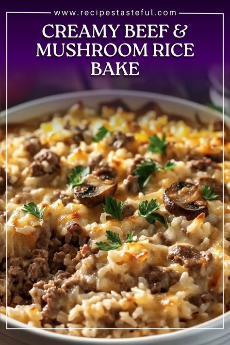 This creamy and comforting beef and mushroom rice bake is a perfect one-pot meal that combines savory ground beef, earthy mushrooms, and cheesy goodness. The rich cream of mushroom soup and sour cream make the casserole irresistibly creamy, while the melted cheddar cheese on top adds a deliciously gooey finish. It’s an easy, filling dish that’s perfect for family dinners or potlucks. Beef Mushroom Rice, Mushroom Rice Bake, Ground Beef Mushroom Recipe, Cream Of Mushroom Rice, Mushroom Rice Casserole, Beef And Mushroom Recipe, Mushroom Rice Recipes, Beef With Mushroom, Beef Mushroom