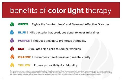 Chromotherapy, or light therapy, is the use of visible color spectrum lights to help heal & protect the body. Read about the benefits & how it can help you. Colour Healing Therapy, Color Light Therapy, Led Light Therapy Color Chart, Cryo Therapy Benefits, Green Light Therapy Benefits, Red Light Therapy Spa, Blue Light Therapy Benefits, Chromo Therapy, Sauna Therapy