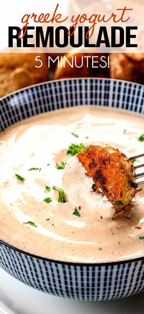 This GUILT FREE, 5 MINUTE Louisiana-style Remoulade transforms everything it touches into the BEST EVER, from sandwiches and burgers to seafood, veggies, proteins, and more! #recipes #easyrecipe #recipes #recipeoftheday #recipeideas #recipe #saladdressing #dressingrecipe #remoulade #remouladesauce #dip #dippingsauce Easy Remoulade Sauce, Remuloude Sauce Recipe, Romulade Sauce, Roumalade Sauce, Remoulade Sauce Easy, Remoulade Sauce Recipe, Fried Clams, Louisiana Style, Remoulade Sauce