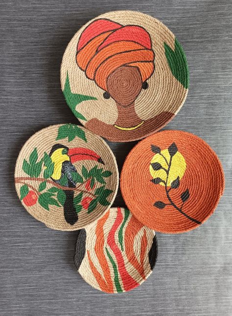 Decor Set of 4 African Plates Wall Plate Boho Wall Decor - Etsy Australia Jute Wall Art, Bead Wall, African Baskets Wall, Weaving Baskets, Plates Wall, Wall Hanging Handmade, Rope Decor, African Basket, Boho Painting