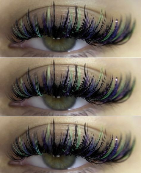 Eyelash Extensions With Green, Colorful Lashes Extensions, Eyelash Extensions With Purple, Neon Lash Extensions, Lash Color Extensions, Lash Inspo Eyelash Extensions Color, Purple Lashes Extensions, Lash Sets With Color, Halloween Lashes Extensions