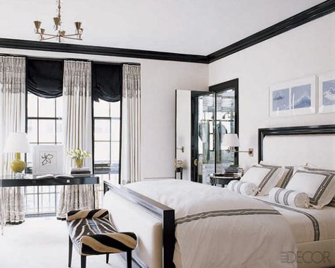 In this master bedroom designed by Brian McCarthy the ebonized-wood bed and upholstery fabric are by Ralph Lauren Home. Glamorous Room, Black White Bedrooms, White Bedroom Design, Art Deco Bedroom, Deco Bedroom, Perfect Bedroom, Furniture Layout, Crown Molding, White Bedroom