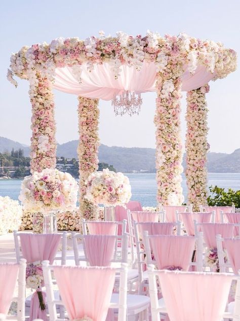 Pink And White Wedding Mandap, Pink And White Wedding Venue Decor, White And Pastel Pink Wedding, Blush Pink And White Wedding Decor, Light Pink And White Wedding Decorations, Light Pink Floral Wedding, Pink Glam Wedding, Light Pink Wedding Theme, Pastel Pink Wedding